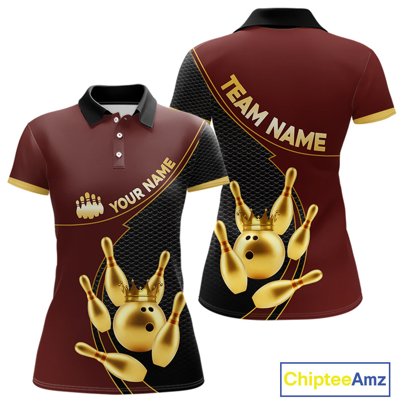 Red and Gold Bowling shirts for Women Custom Team Bowling Polo, 1/4 zip Shirt bowlers Outfit NQS10973