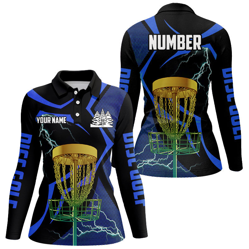 Black and Blue Women disc golf polo shirt custom lightning thunder disc golf basket, disc golf gift NQS9088