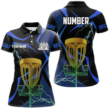 Load image into Gallery viewer, Black and Blue Women disc golf polo shirt custom lightning thunder disc golf basket, disc golf gift NQS9088