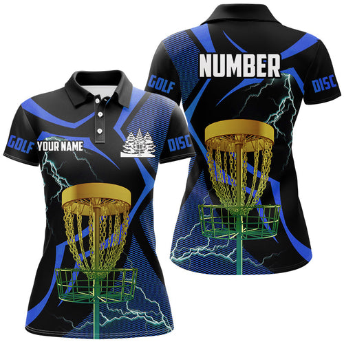 Black and Blue Women disc golf polo shirt custom lightning thunder disc golf basket, disc golf gift NQS9088