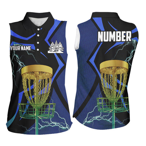 Black & Blue Women sleeveless polo shirt custom lightning thunder disc golf basket, disc golf gift NQS9088