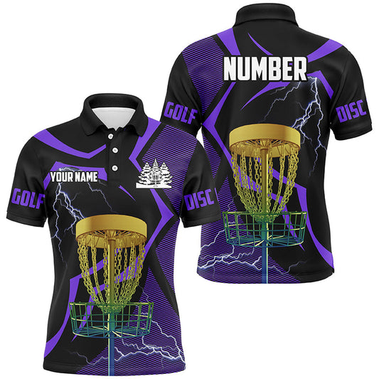 Black & Purple Men disc golf polo shirt custom lightning thunder disc golf basket, disc golf gifts NQS9089