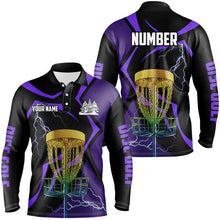 Load image into Gallery viewer, Black &amp; Purple Men disc golf polo shirt custom lightning thunder disc golf basket, disc golf gifts NQS9089