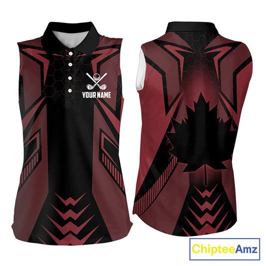 Black and Red Canadian Flag Womens Sleeveless Polo Shirts Custom Patriotic Golf Gifts For Women NQS9096