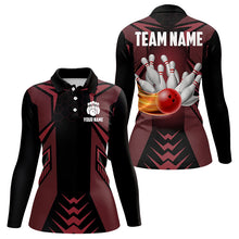 Load image into Gallery viewer, Personalized Black and Red Flame Bowling Polo, Quarter Zip Shirts For Women Custom Bowling Team Jersey NQS9097