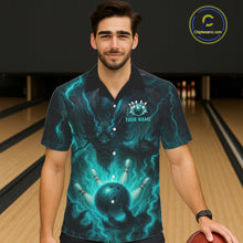 Load image into Gallery viewer, Personalized Black and Turquoise Flame Lightning Dragon Bowling Hawaiian Shirt, Team Bowling Jersey NQS11168