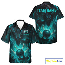 Load image into Gallery viewer, Personalized Black and Turquoise Flame Lightning Dragon Bowling Hawaiian Shirt, Team Bowling Jersey NQS11168