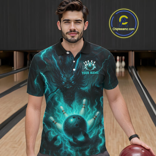 Personalized Black and Turquoise Flame Lightning Dragon Bowling Shirts For Men, Team Bowling Jerseys NQS11168