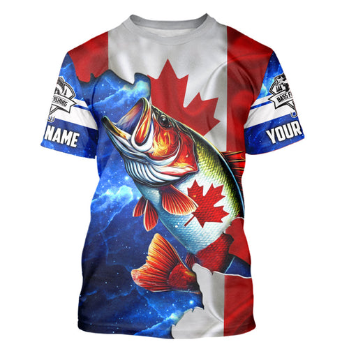 Bass Fishing Canadian Flag patriotic UV protection Custom name long sleeves shirt NQS9309