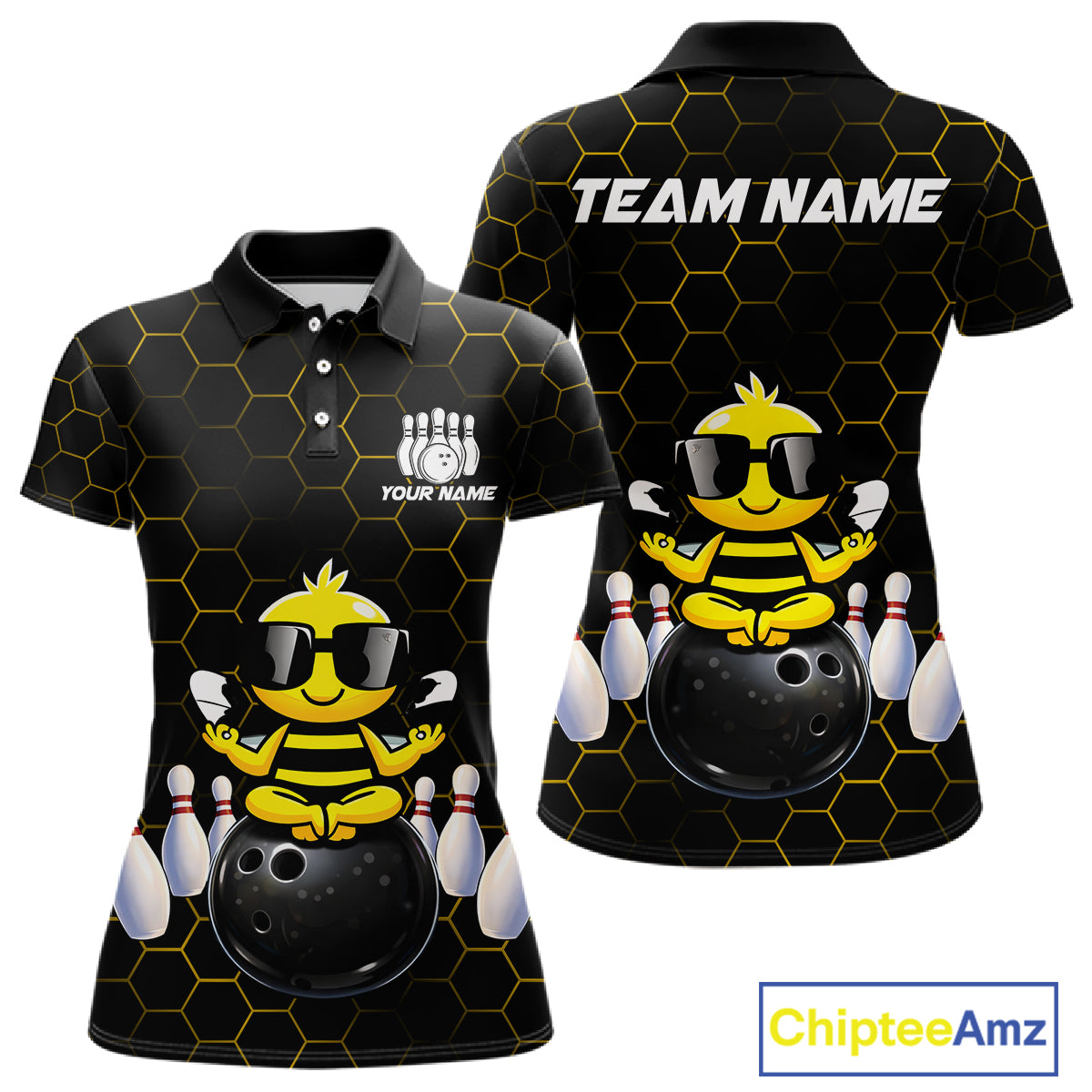 Black and Gold Funny Bee Bowling Shirts for Women Custom Team Bowling Jerseys, Gift For Bowlers NQS11582