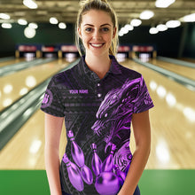 Load image into Gallery viewer, Black and Purple Dragon Tribal Bowling Polo, 1/4 Zip Shirts For Women Custom Retro Bowling Team Jersey NQS9630