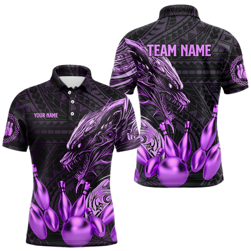 Black and Purple Dragon Tribal Bowling Polo, 1/4 Zip Shirts For Men Custom Retro Bowling Team Jerseys NQS9630