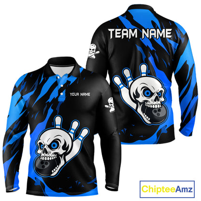 Black and Blue Skull Bowling Shirts for Men Custom Team bowling jersey, gift for bowlers NQS11708