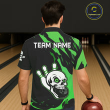 Load image into Gallery viewer, Black and Green Skull Bowling Button-up Shirt Custom Team bowling Hawaiian jersey, gift for bowlers NQS11709