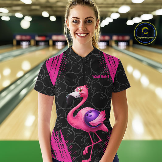 Funny Pink Flamingo Black Bowling Camo Bowling Shirts for Women Custom Flamingo Team bowling outfit NQS11716