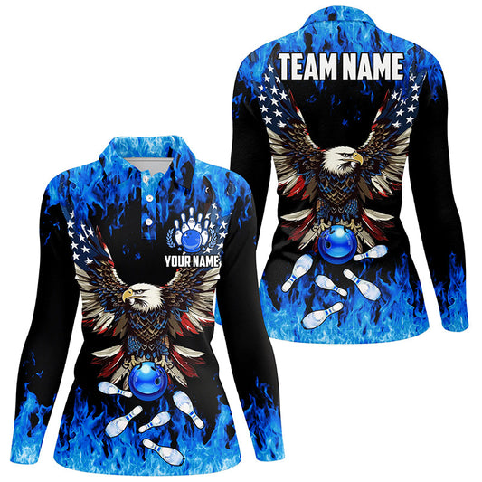 Blue flame Women bowling polo shirts Custom American flag Eagle Team bowling shirt, gift for bowlers NQS7403