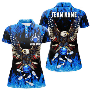 Blue flame Women bowling polo shirts Custom American flag Eagle Team bowling shirt, gift for bowlers NQS7403