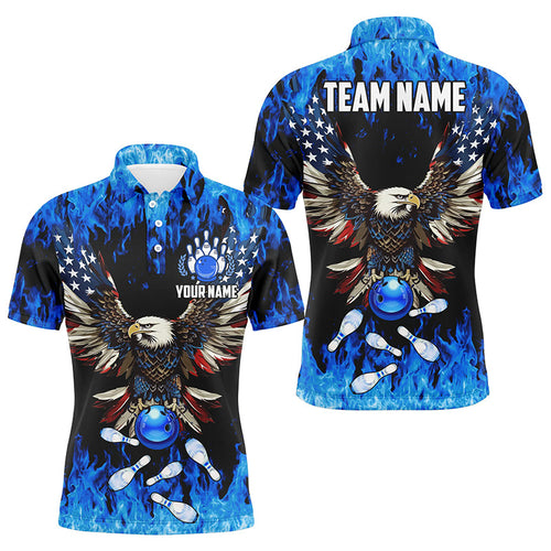 Blue flame Mens bowling polo shirts Custom American flag Eagle Team bowling shirts, gift for bowlers NQS7403