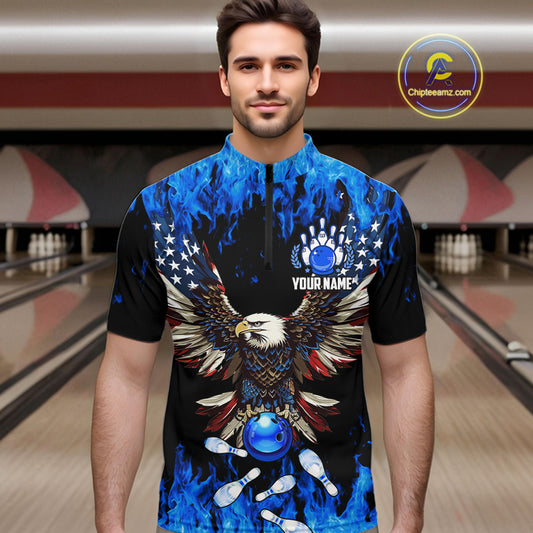 Blue flame Men's bowling Quarter Zip shirts Custom American flag Eagle Team bowling shirt, bowler gift NQS7403
