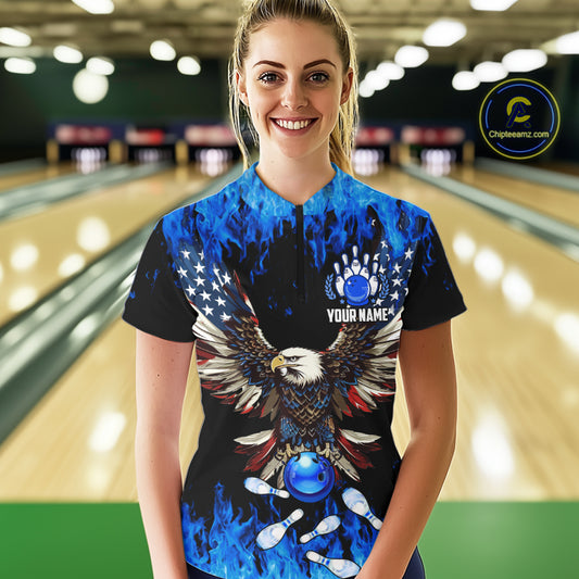 Blue flame Womens bowling Quarter Zip shirts Custom American flag Eagle Team bowling shirts NQS7403