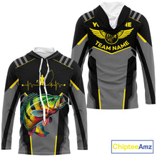Load image into Gallery viewer, Personalized Black Peacock Bass Fishing jersey, Team Bass Fishing Long Sleeve tournament shirt| Yellow NQS9823