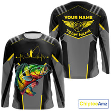 Load image into Gallery viewer, Personalized Black Peacock Bass Fishing jersey, Team Bass Fishing Long Sleeve tournament shirt| Yellow NQS9823