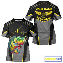 Load image into Gallery viewer, Personalized Black Peacock Bass Fishing jersey, Team Bass Fishing Long Sleeve tournament shirt| Yellow NQS9823