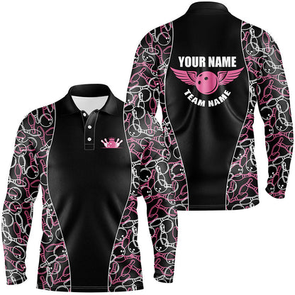 Black and pink Bowling pattern Polo, Quarter Zip Shirts For Men, Personalized Bowling Team Jerseys NQS7724
