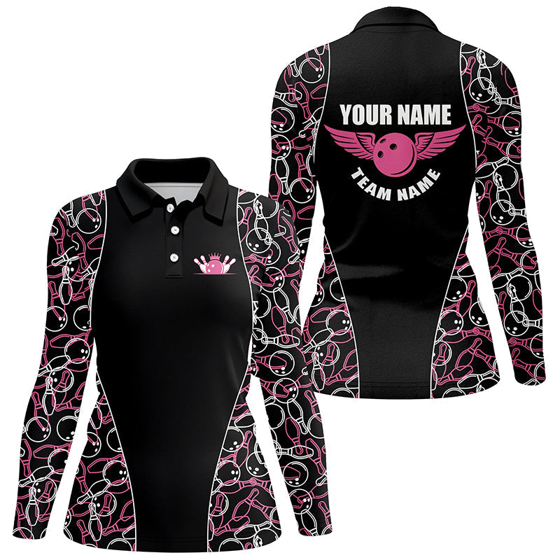 Black and pink Bowling pattern Polo, Quarter Zip Shirts For Women, Personalized Bowling Team Jerseys NQS7724