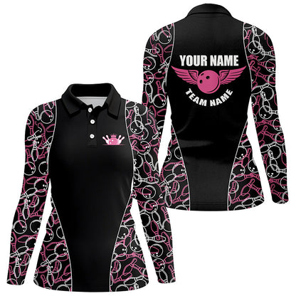 Black and pink Bowling pattern Polo, Quarter Zip Shirts For Women, Personalized Bowling Team Jerseys NQS7724