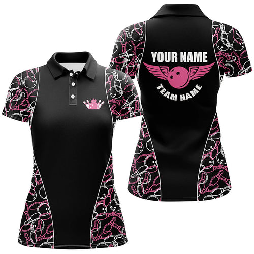 Black and pink Bowling pattern Polo, Quarter Zip Shirts For Women, Personalized Bowling Team Jerseys NQS7724