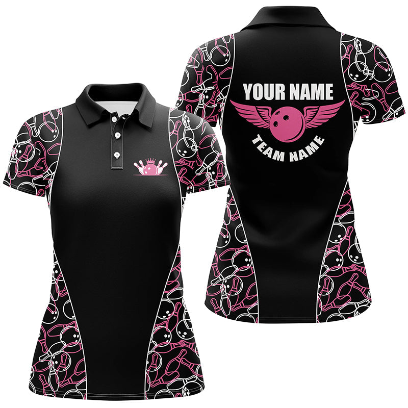 Black and pink Bowling pattern Polo, Quarter Zip Shirts For Women, Personalized Bowling Team Jerseys NQS7724