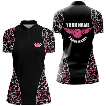 Black and pink Bowling pattern Polo, Quarter Zip Shirts For Women, Personalized Bowling Team Jerseys NQS7724