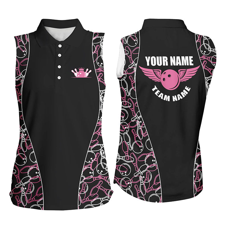 Black and pink Bowling pattern sleeveless polo Shirts For Women, Personalized Bowling Team Jerseys NQS7724