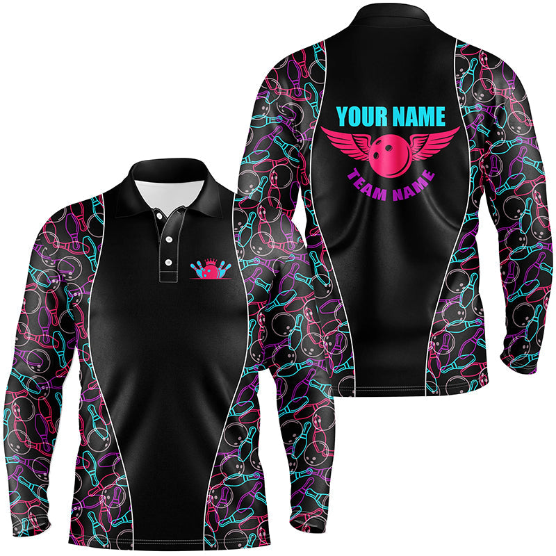 Custom Black Bowling pattern Polo, Quarter Zip Shirts For Men, Personalized Bowling Team Jerseys NQS7725