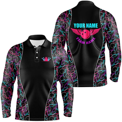 Custom Black Bowling pattern Polo, Quarter Zip Shirts For Men, Personalized Bowling Team Jerseys NQS7725