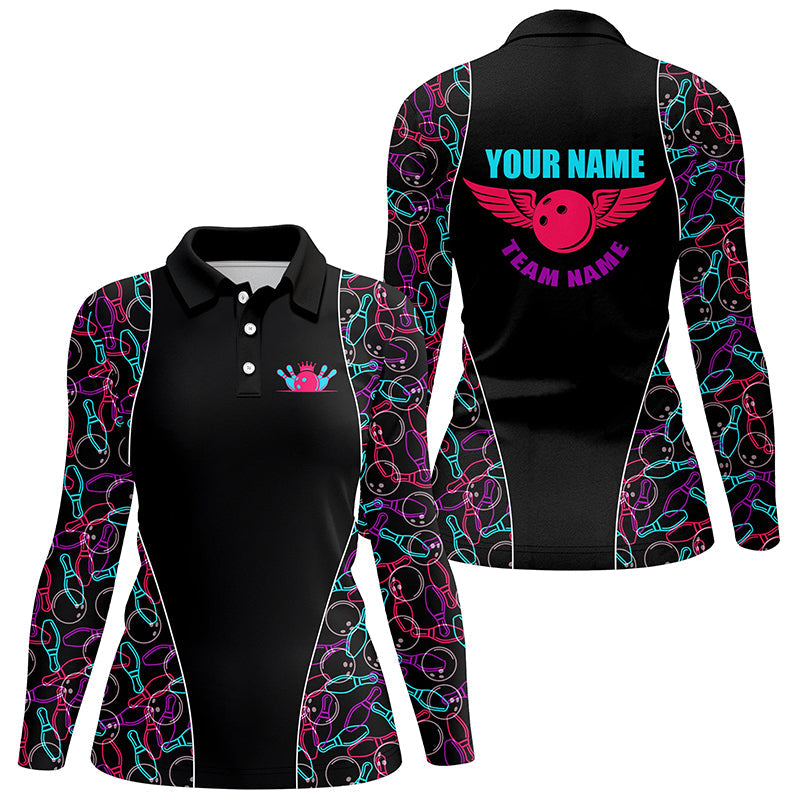 Custom Black Bowling pattern Polo, Quarter Zip Shirts For Women, Personalized Bowling Team Jerseys NQS7725