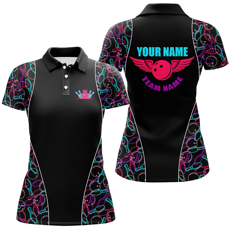 Custom Black Bowling pattern Polo, Quarter Zip Shirts For Women, Personalized Bowling Team Jerseys NQS7725