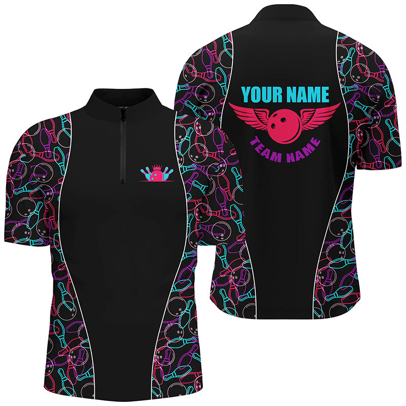 Custom Black Bowling pattern Polo, Quarter Zip Shirts For Men, Personalized Bowling Team Jerseys NQS7725