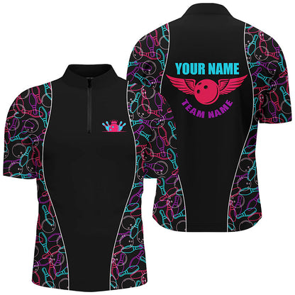 Custom Black Bowling pattern Polo, Quarter Zip Shirts For Men, Personalized Bowling Team Jerseys NQS7725