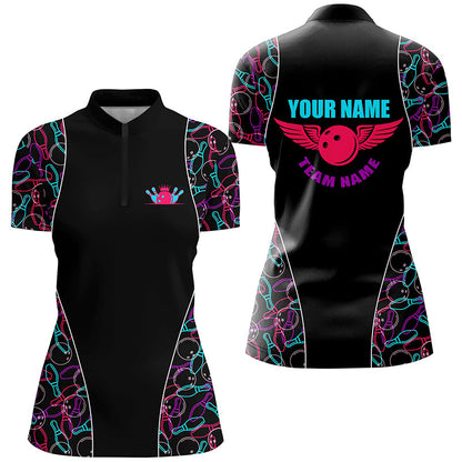 Custom Black Bowling pattern Polo, Quarter Zip Shirts For Women, Personalized Bowling Team Jerseys NQS7725
