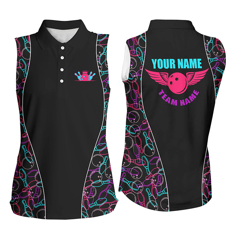 Custom Black Bowling pattern sleeveless polo Shirts For Women, Personalized Bowling Team Jerseys NQS7725