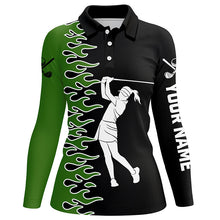 Load image into Gallery viewer, Black and Green Flame custom Women golf polo shirts, ladies golf outfits gifts for golf lovers NQS7732