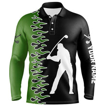 Load image into Gallery viewer, Black and Green Flame custom Mens golf polo shirts, golf outfits men gifts for golf lovers NQS7732