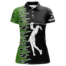 Load image into Gallery viewer, Black and Green Flame custom Women golf polo shirts, ladies golf outfits gifts for golf lovers NQS7732