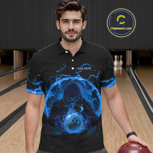 Mens bowling polo, 1/4 zip shirts Custom blue flame skull bowling team jerseys, gift for Bowlers NQS10056