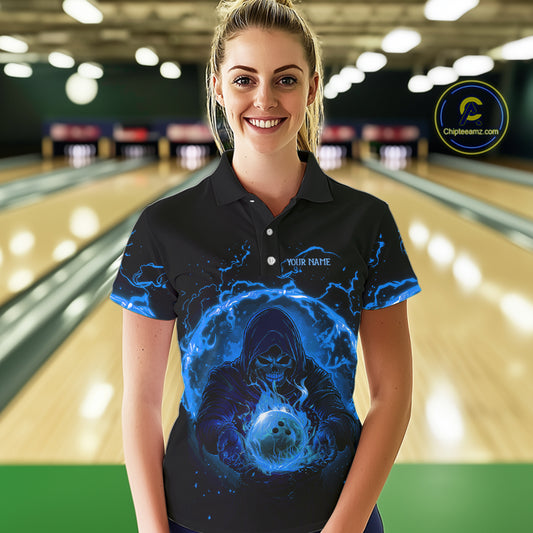 Women bowling polo, 1/4 zip shirts Custom blue flame skull bowling team jerseys, gift for Bowlers NQS10056