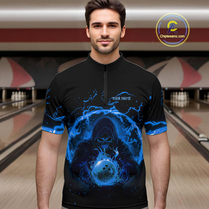 Mens bowling polo, 1/4 zip shirts Custom blue flame skull bowling team jerseys, gift for Bowlers NQS10056