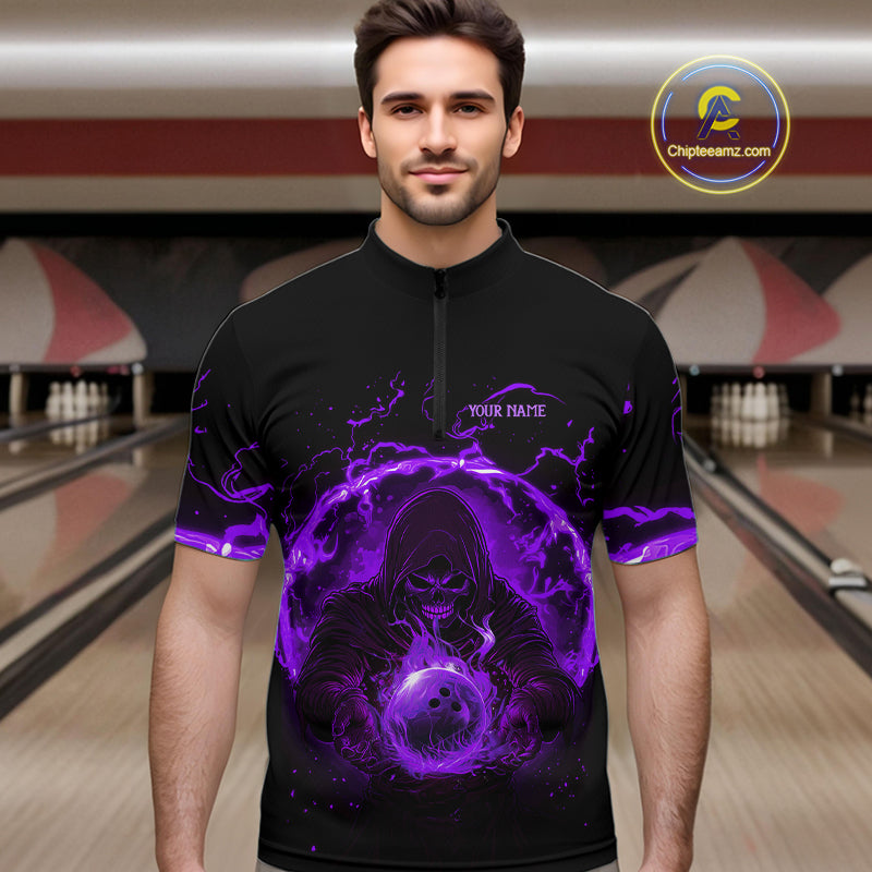 Mens bowling polo, 1/4 zip shirts Custom purple flame skull bowling team jerseys, gift for Bowlers NQS10057