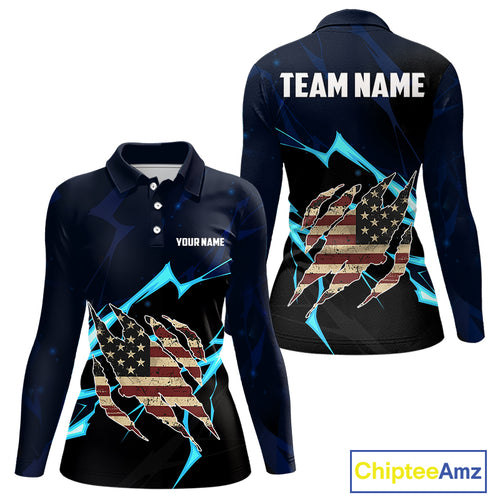 Vintage American Flag blue lightning Women Golf polo shirts Custom patriotic Golf outfit For ladies NQS10059